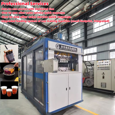 เครื่องทําถ้วยพลาสติกพลาสติกแบบใช้งานครั้งเดียวแบบอัตโนมัติเต็ม 750*430mm พื้นที่การปั้นสําหรับวัสดุ PP/PS/PET